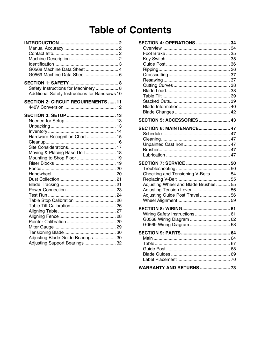 Grizzly G0568, G0569 owner manual Table of Contents 