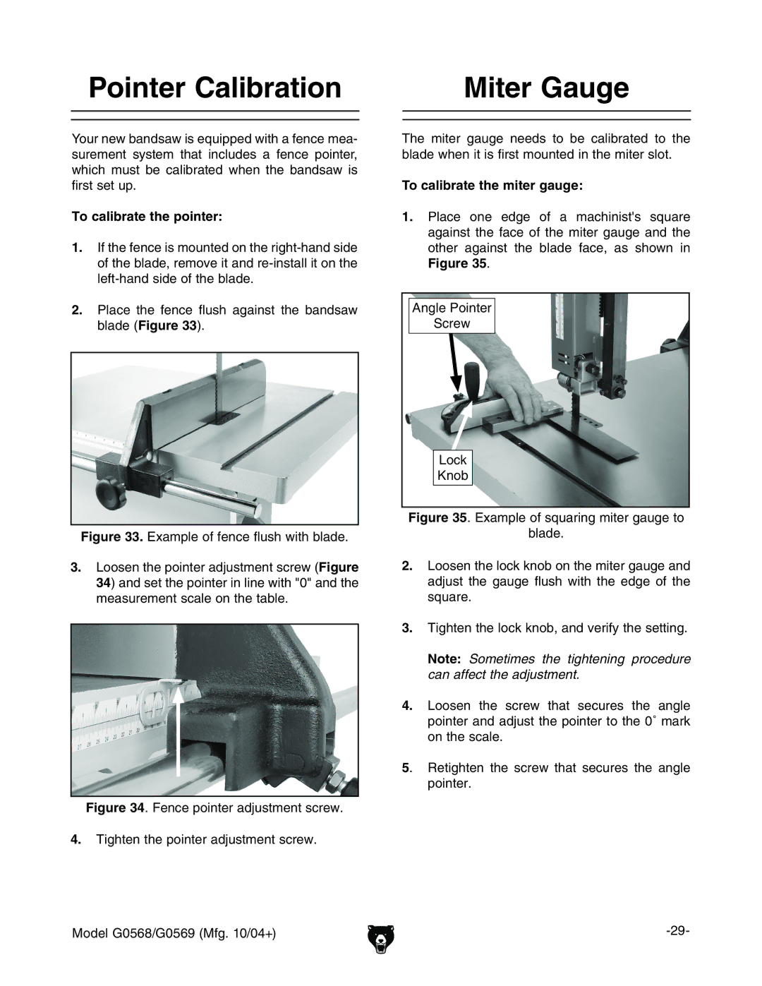 Grizzly G0568, G0569 owner manual Pointer Calibration, Miter Gauge, To calibrate the pointer, To calibrate the miter gauge 