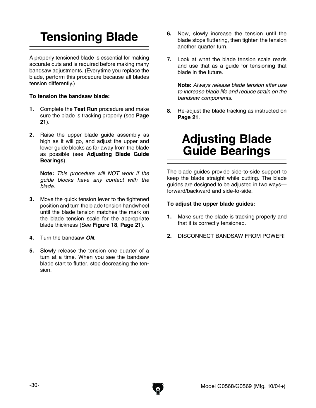 Grizzly G0569, G0568 owner manual Tensioning Blade, Adjusting Blade Guide Bearings, To tension the bandsaw blade, 21# 