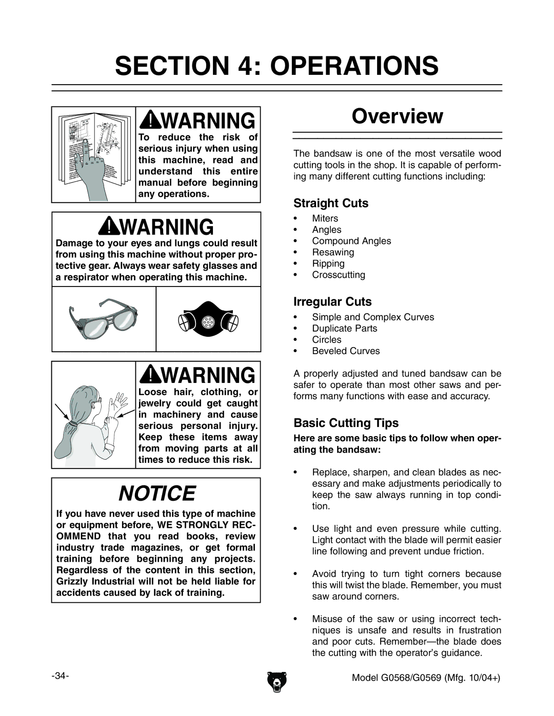 Grizzly G0569, G0568 owner manual Operations, Overview 