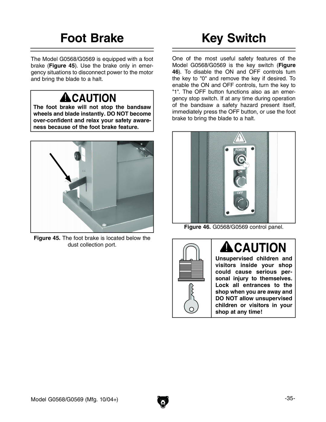 Grizzly G0568, G0569 owner manual Foot Brake Key Switch, +-$%*+.XdcigdaeVcZa# 