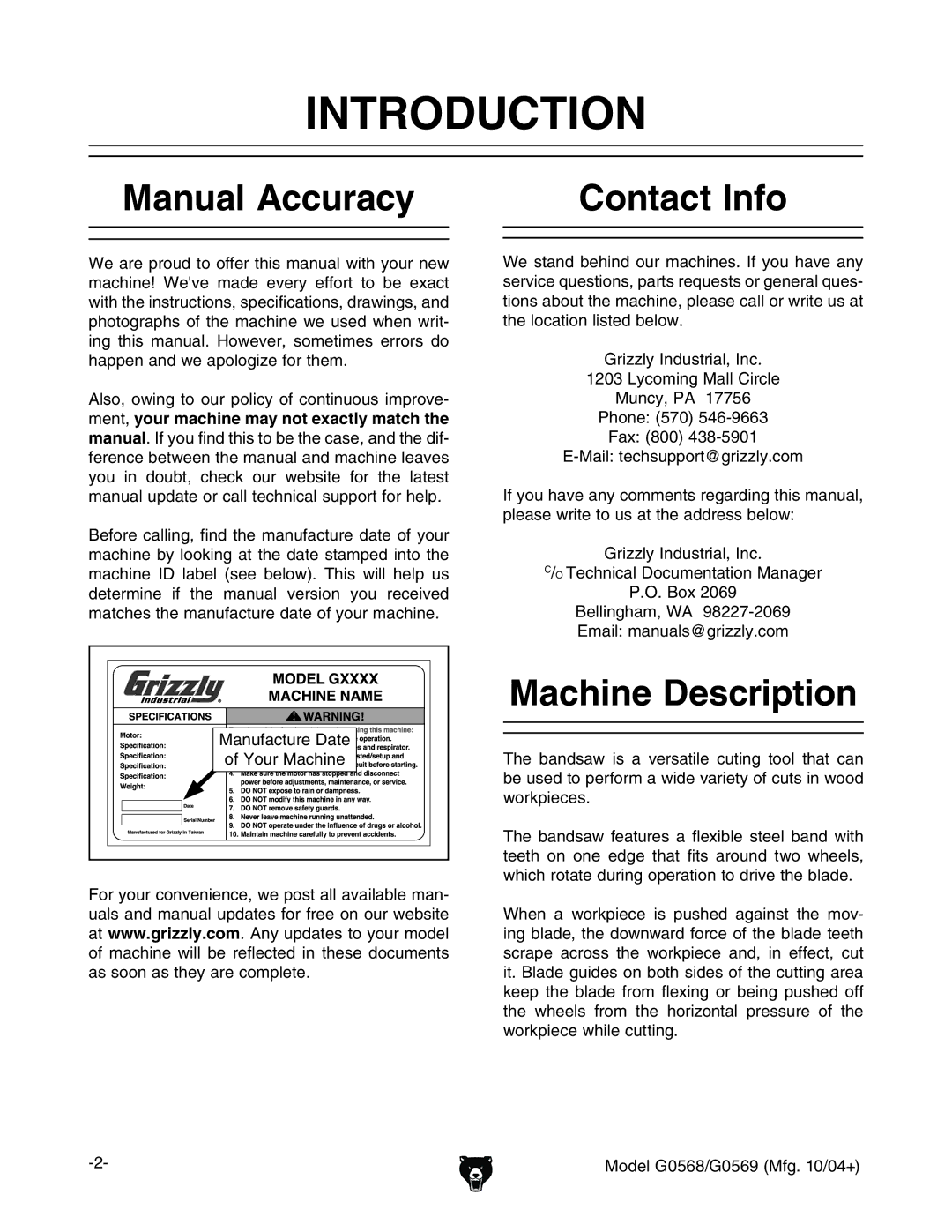 Grizzly G0569, G0568 owner manual Introduction, Manual Accuracy, Contact Info, Machine Description, NdjgBVXcZ 