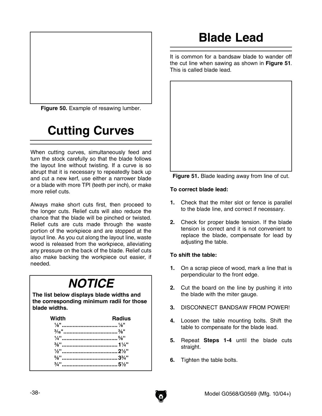 Grizzly G0569, G0568 owner manual Cutting Curves, Blade Lead, To correct blade lead, To shift the table 