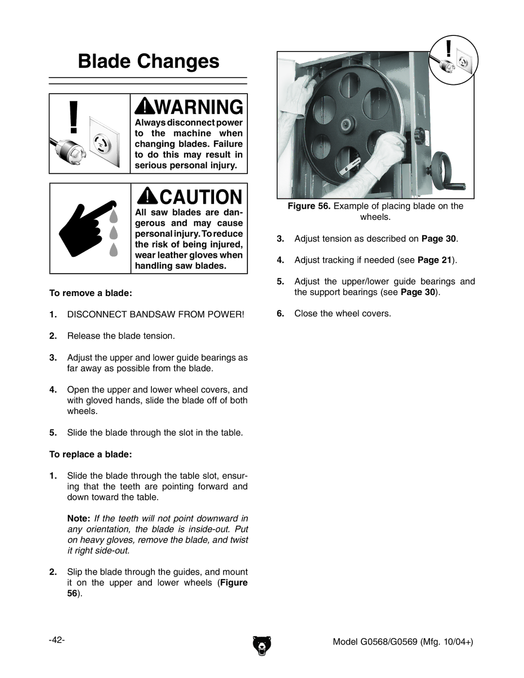 Grizzly G0569, G0568 owner manual Blade Changes, To remove a blade, To replace a blade 