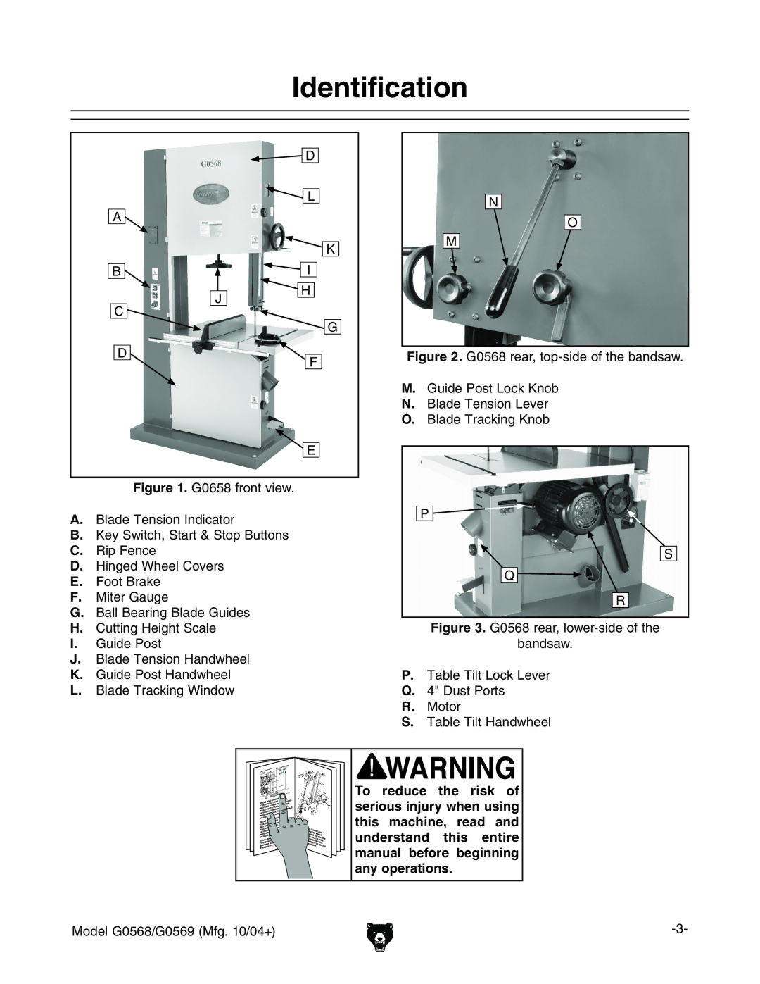 Grizzly G0568, G0569 owner manual Identification 