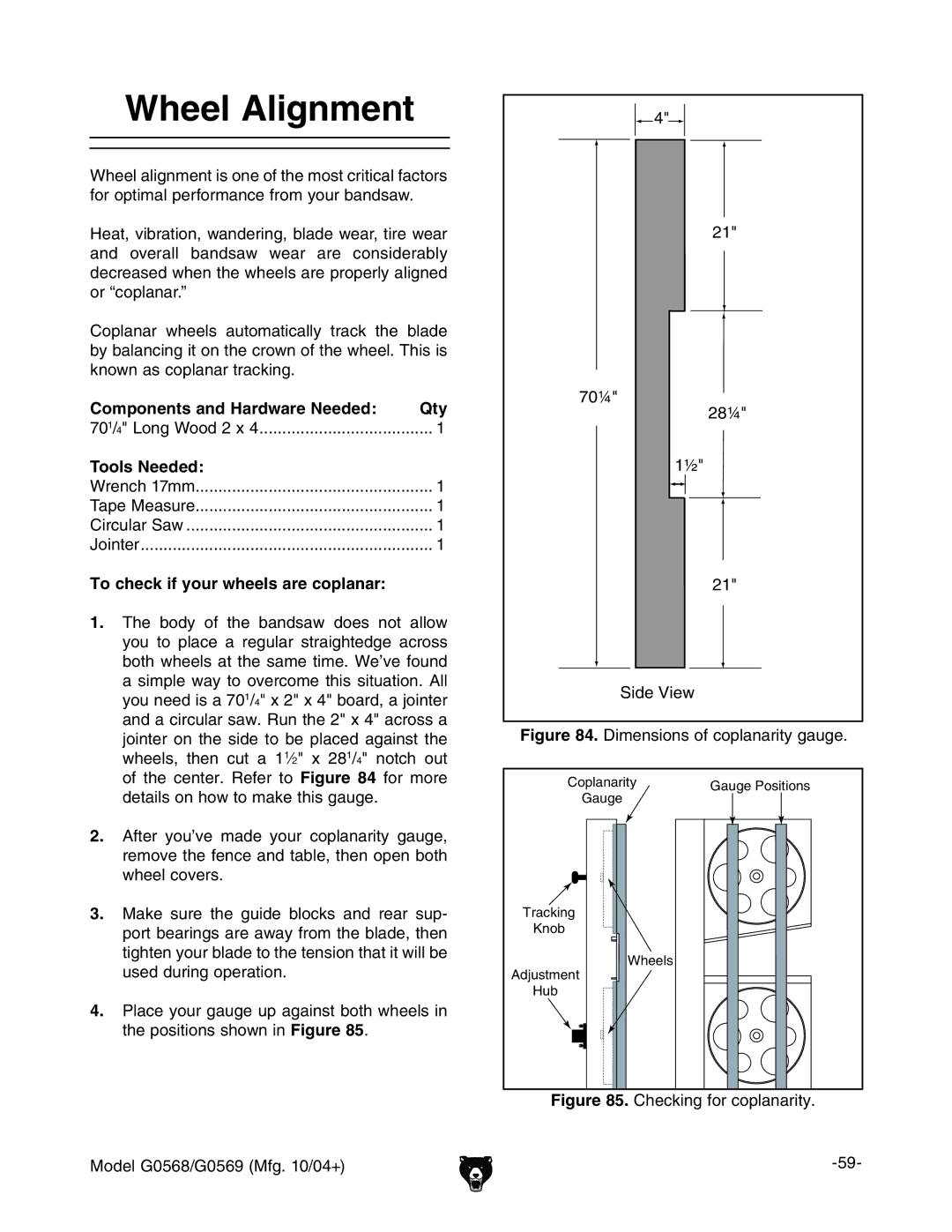 Grizzly G0568, G0569 owner manual Wheel Alignment, Components and Hardware Needed Qty, To check if your wheels are coplanar 