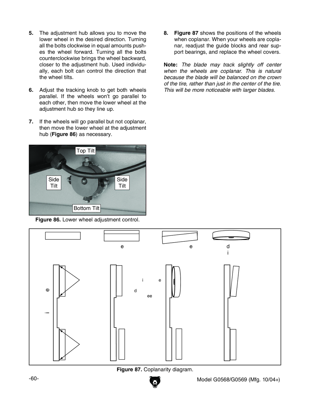 Grizzly G0569, G0568 IdeIai, Iai 7diidbIai, Parallel, Not Not Parallel Adjust Coplanar Not Coplanar, Tracking Knob 