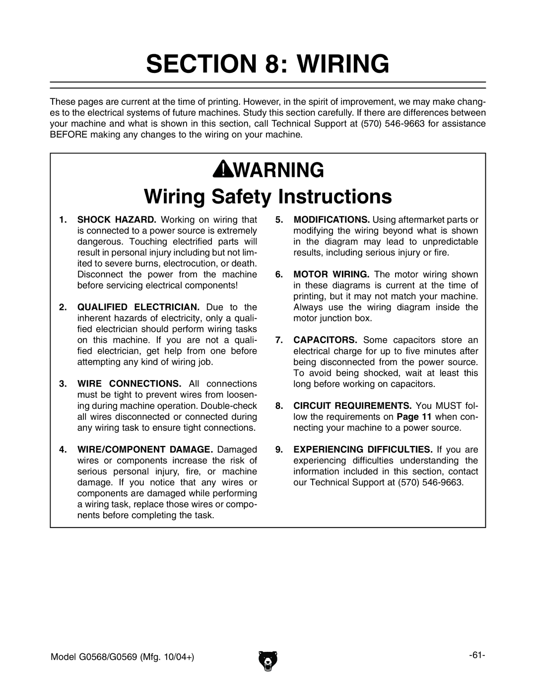 Grizzly G0568, G0569 owner manual Wiring Safety Instructions 