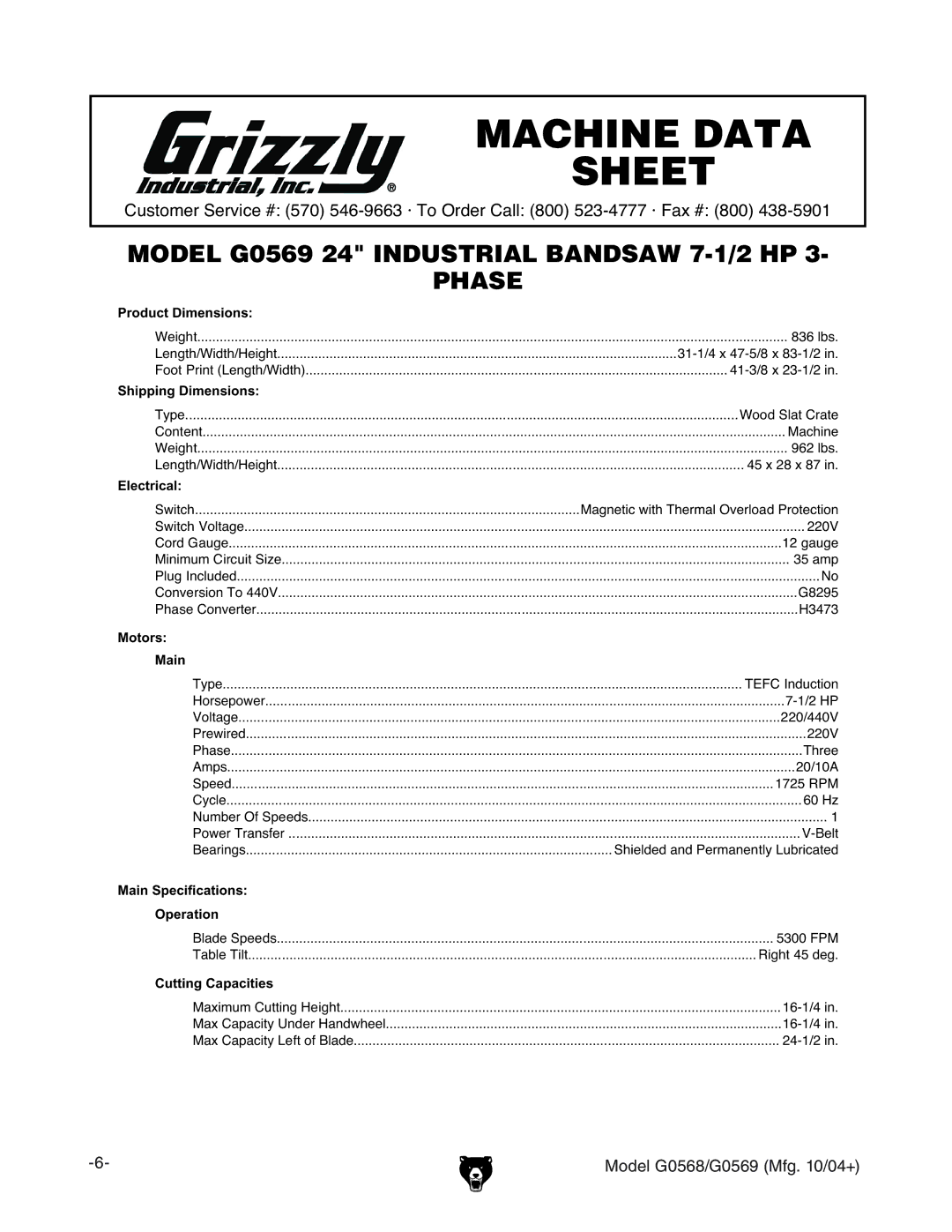 Grizzly G0569 31-1/4 x 47-5/8 x 83-1/2, Wood Slat Crate, Machine, 962 lbs, 45 x 28 x 87, 35 amp, G8295, H3473, 2 HP, Three 