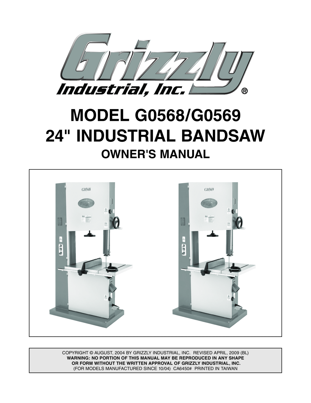 Grizzly owner manual Owners Manual, MODEL G0568/G0569 24 INDUSTRIAL BANDSAW 