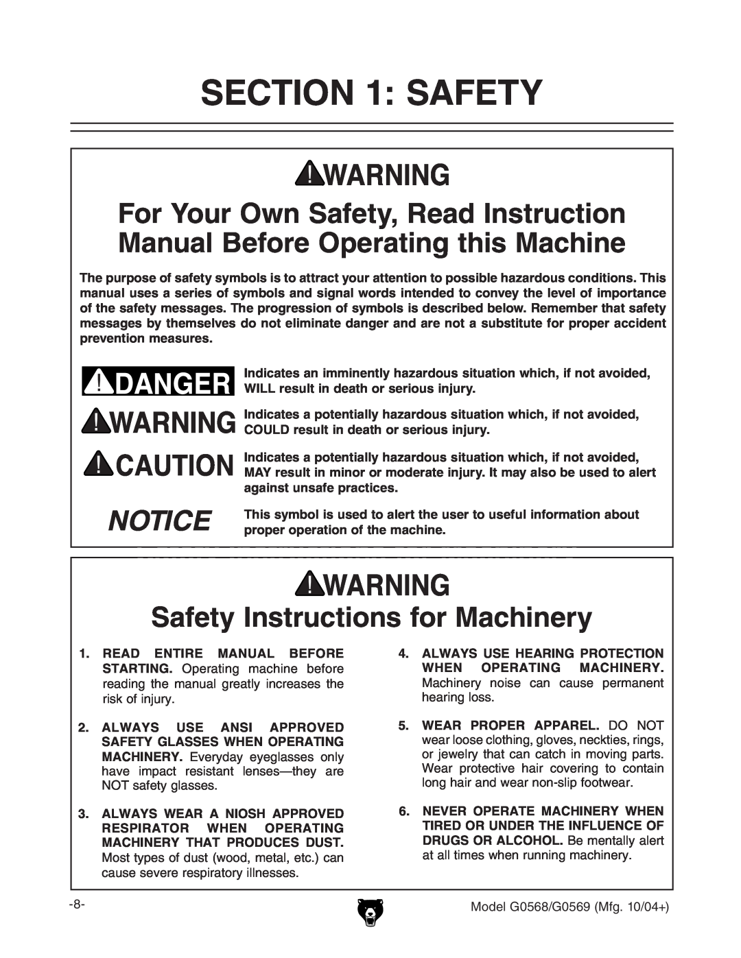 Grizzly G0569 Safety Instructions for Machinery, WILL result in death or serious injury, against unsafe practices 