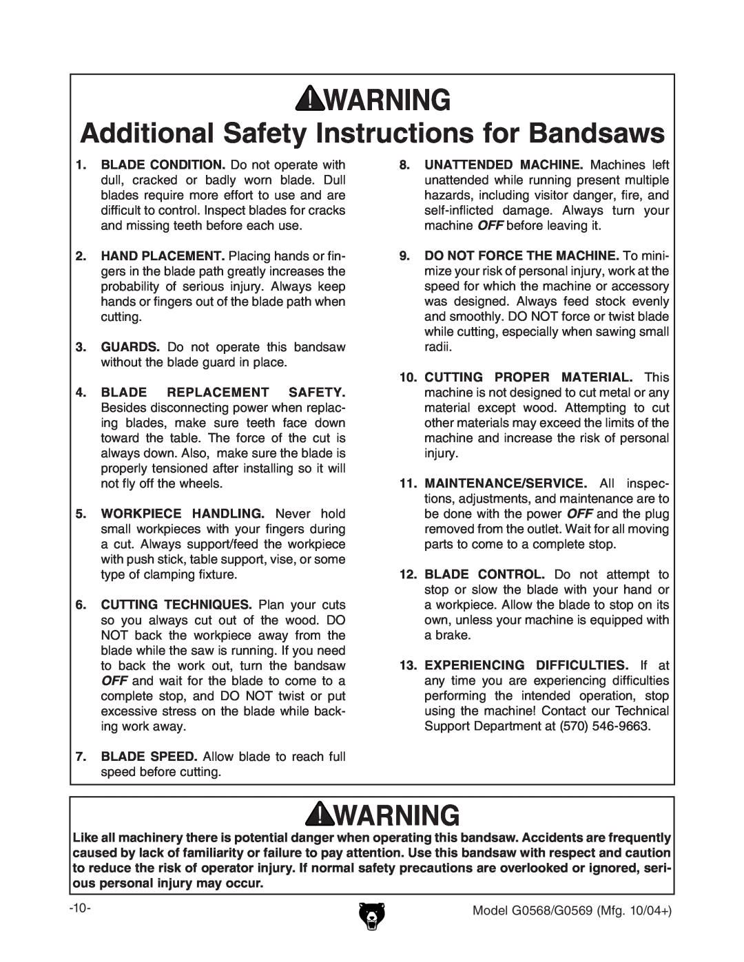 Grizzly G0569 Additional Safety Instructions for Bandsaws, BLADE SPEED. 6aadl WaVYZ id gZVX jaa heZZYWZdgZXjiic\# 