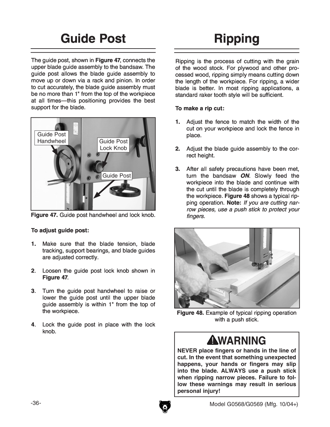 Grizzly G0569, G0568 owner manual Guide Post, Ripping, jYZEdhi .jYZedhiVcYlZZaVcYadX``cdW#, To adjust guide post 
