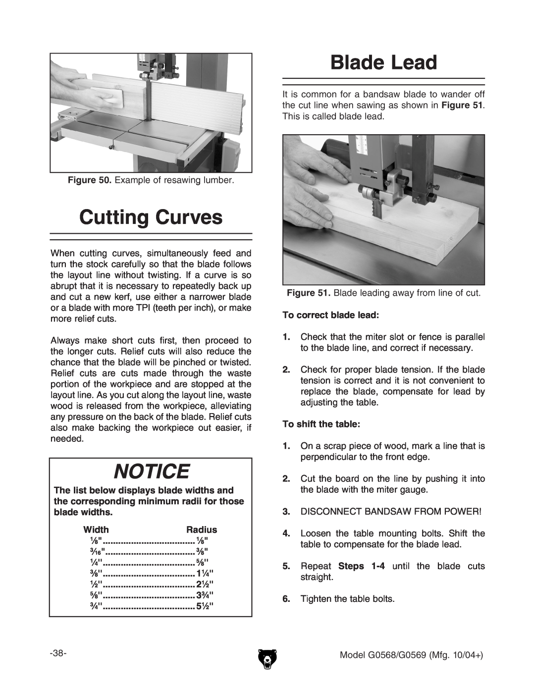 Grizzly G0569, G0568 Cutting Curves, Blade Lead, Width, 1 1⁄, 2 1⁄, 3 3⁄, 5 1⁄, To correct blade lead, To shift the table 
