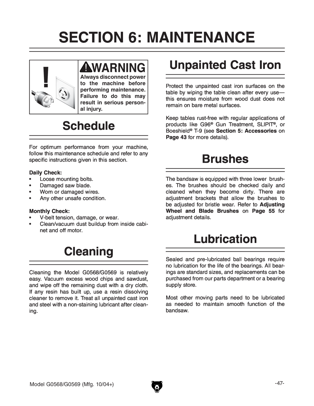 Grizzly G0568 Maintenance, Schedule, Cleaning, Unpainted Cast Iron, Brushes, Lubrication, Daily Check, Monthly Check 