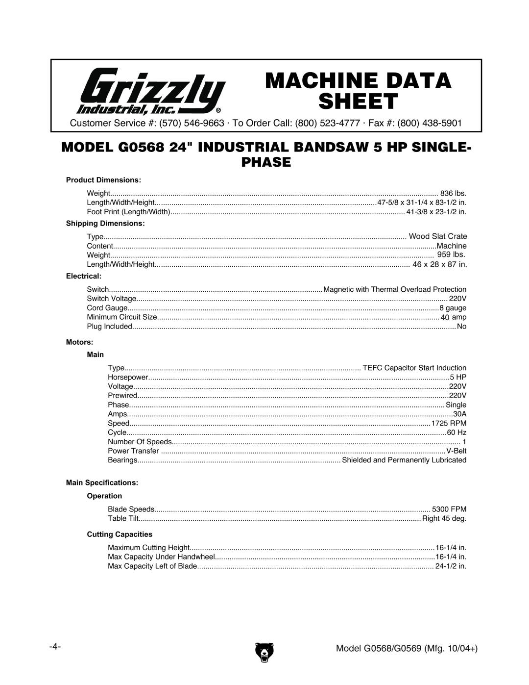 Grizzly G0569 Machine Data Sheet, MODEL G0568 24 INDUSTRIAL BANDSAW 5 HP SINGLE PHASE, EgdYjXi9bZchdch, Heec\9bZchdch 