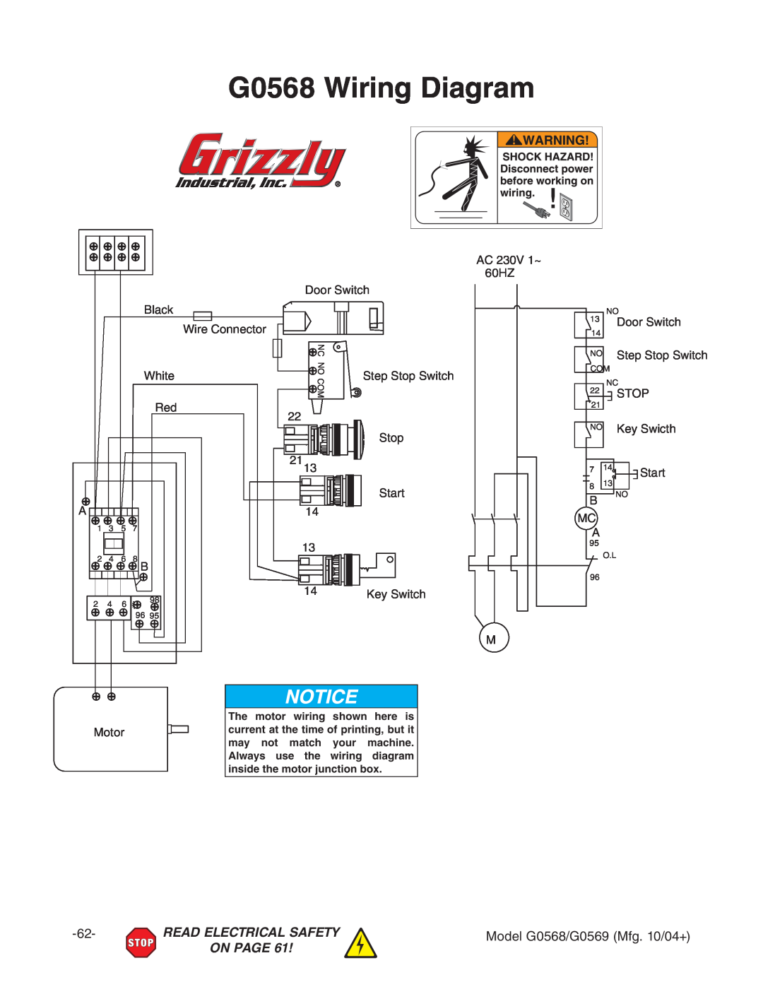 Grizzly G0569 owner manual G0568 Wiring Diagram, Read Electrical Safety, On Page 