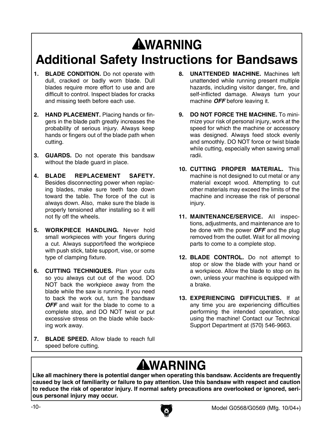 Grizzly G0569 Additional Safety Instructions for Bandsaws, Blade Speed aadl WaVYZ id gZVX jaa heZZYWZdgZXjiic\# 