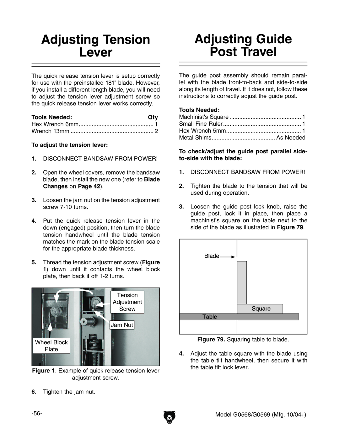 Grizzly G0569 To adjust the tension lever, ChangesdcPage 42#, IZchdc 6YjhibZci HXgZl ?VbCji LZZa7adX` EaViZ 