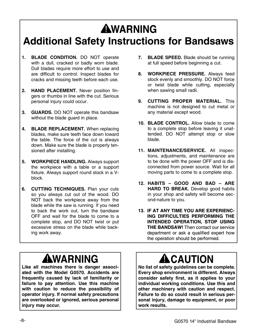 Grizzly G0570 manual Dditional 3AFETYYNSTRUCTIONS for Andsaws 