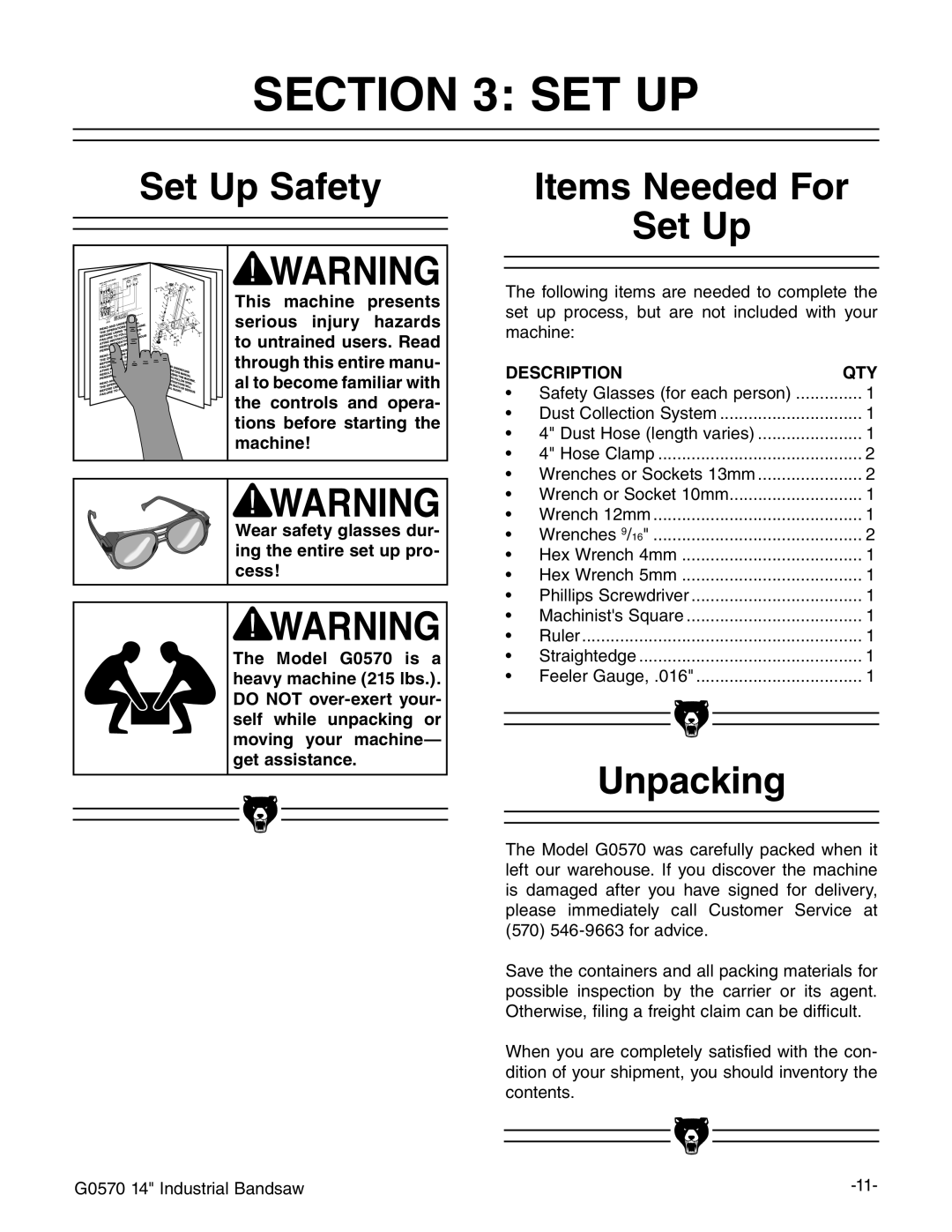 Grizzly G0570 manual #4/. 3%4, 3ETT5P 3AFETY, 5NPACKING, $/ ./4 Overexerttyour 