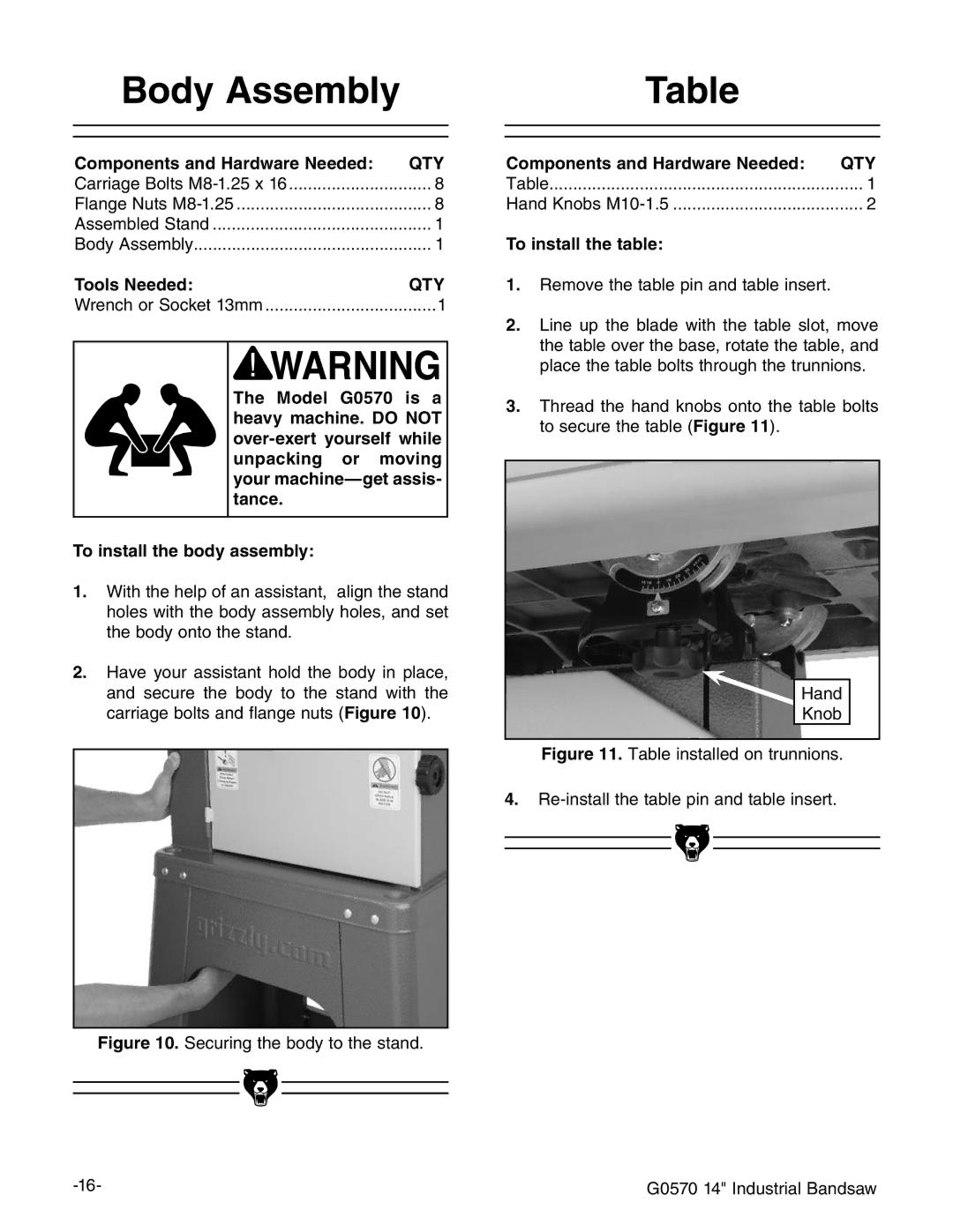 Grizzly G0570 manual ODY !SSEMBLY 4ABLE, 4O Install THEHTABLE 4OOLSL.EEDED, 4O Install Thehbody ASSEMBLY 