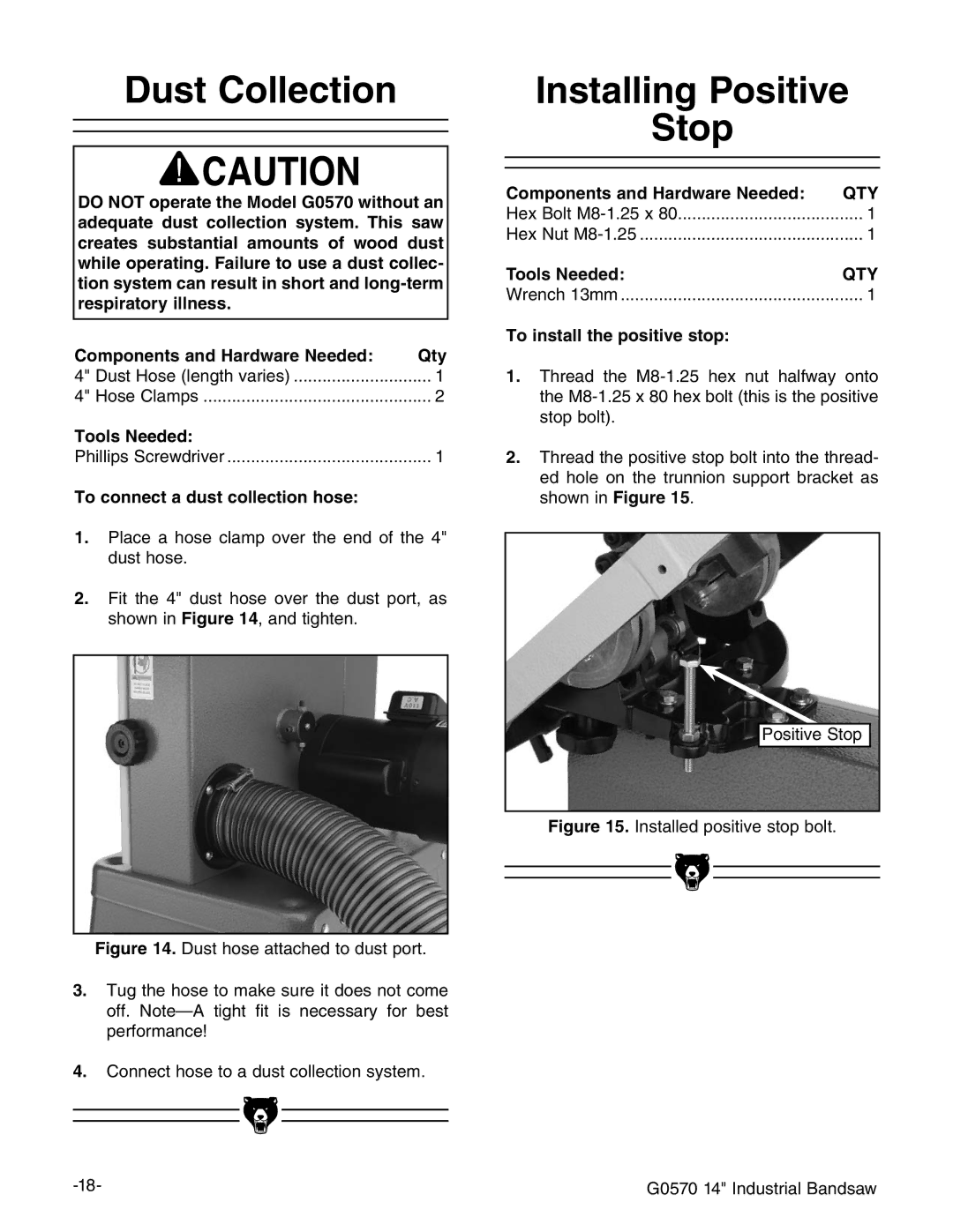 Grizzly G0570 manual $Ust #Ollection, Nstalling 0OSITIVE 3TOP 