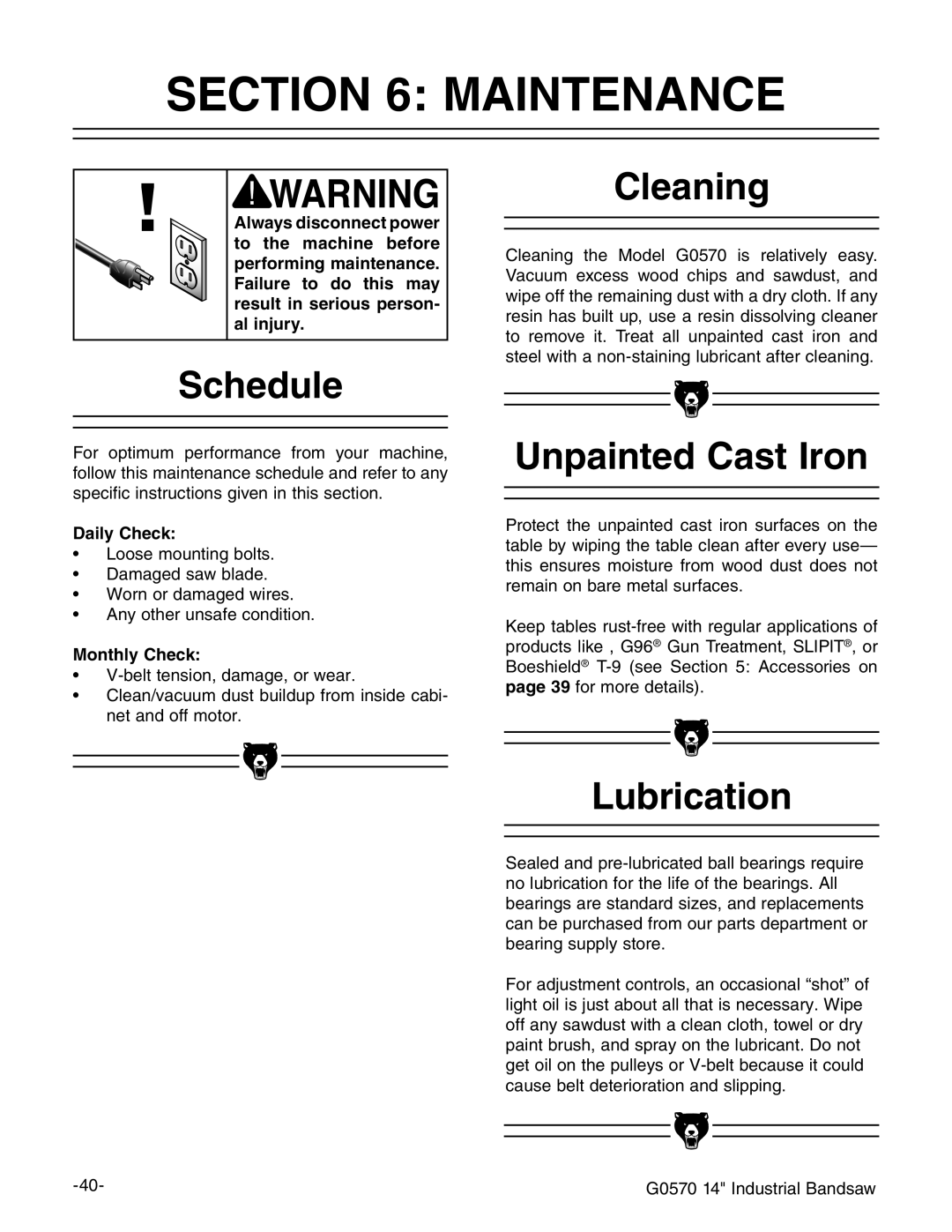 Grizzly G0570 manual #4/. -!.4%.!.#%, 3CHEDULE, #Leaning, 5NPAINTED #AST RON, Ubrication 