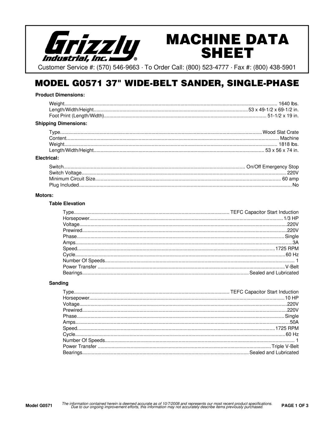 Grizzly G0571 specifications Product Dimensions, Shipping Dimensions, Electrical, Motors Table Elevation, Sanding 