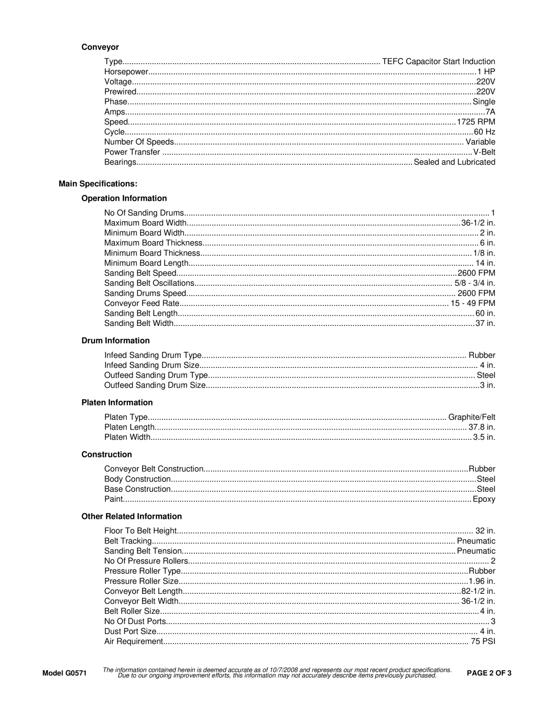 Grizzly G0571 Conveyor, Main Specifications Operation Information, Drum Information, Platen Information, Construction 