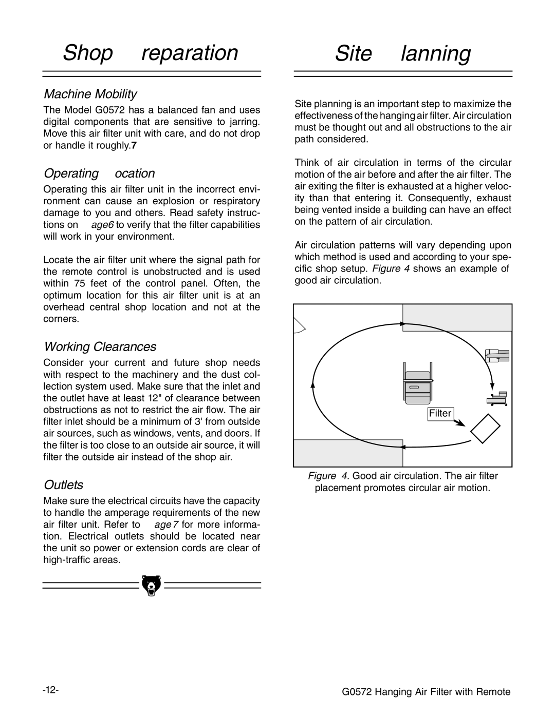 Grizzly G0572 instruction manual Shop Preparation, Site Planning 