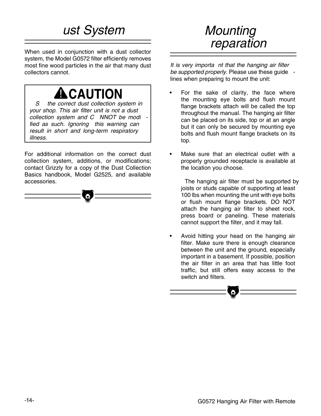 Grizzly G0572 instruction manual Dust System, Mounting Preparation 