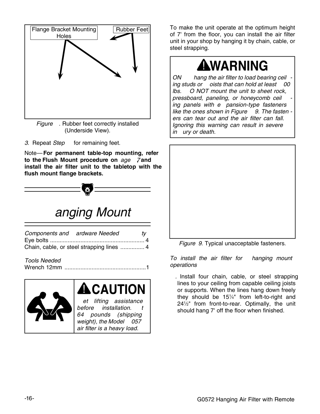 Grizzly G0572 instruction manual Hanging Mount, Tools Needed, Air filter is a heavy load 