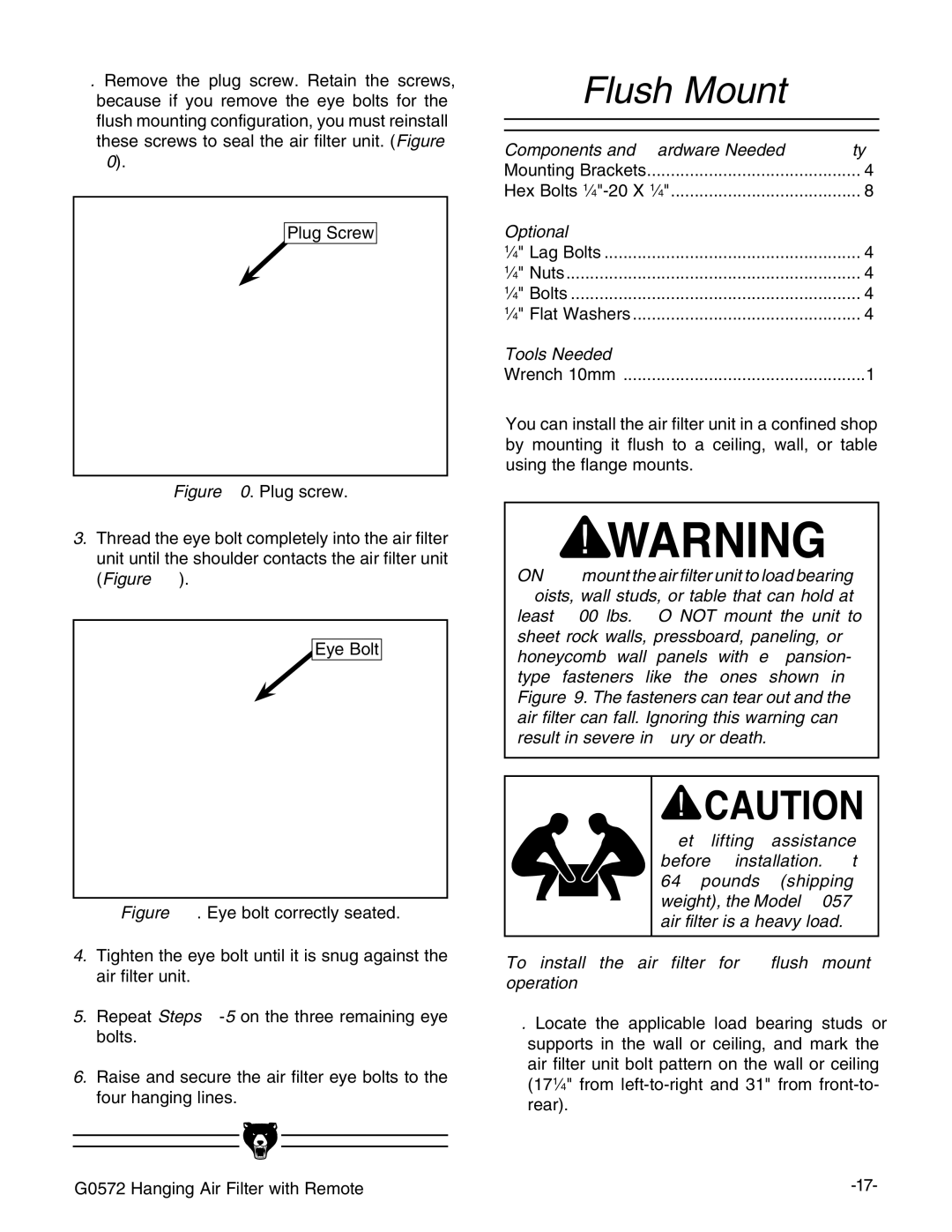 Grizzly G0572 instruction manual Flush Mount, Optional, To install the air filter for flush mount operation 