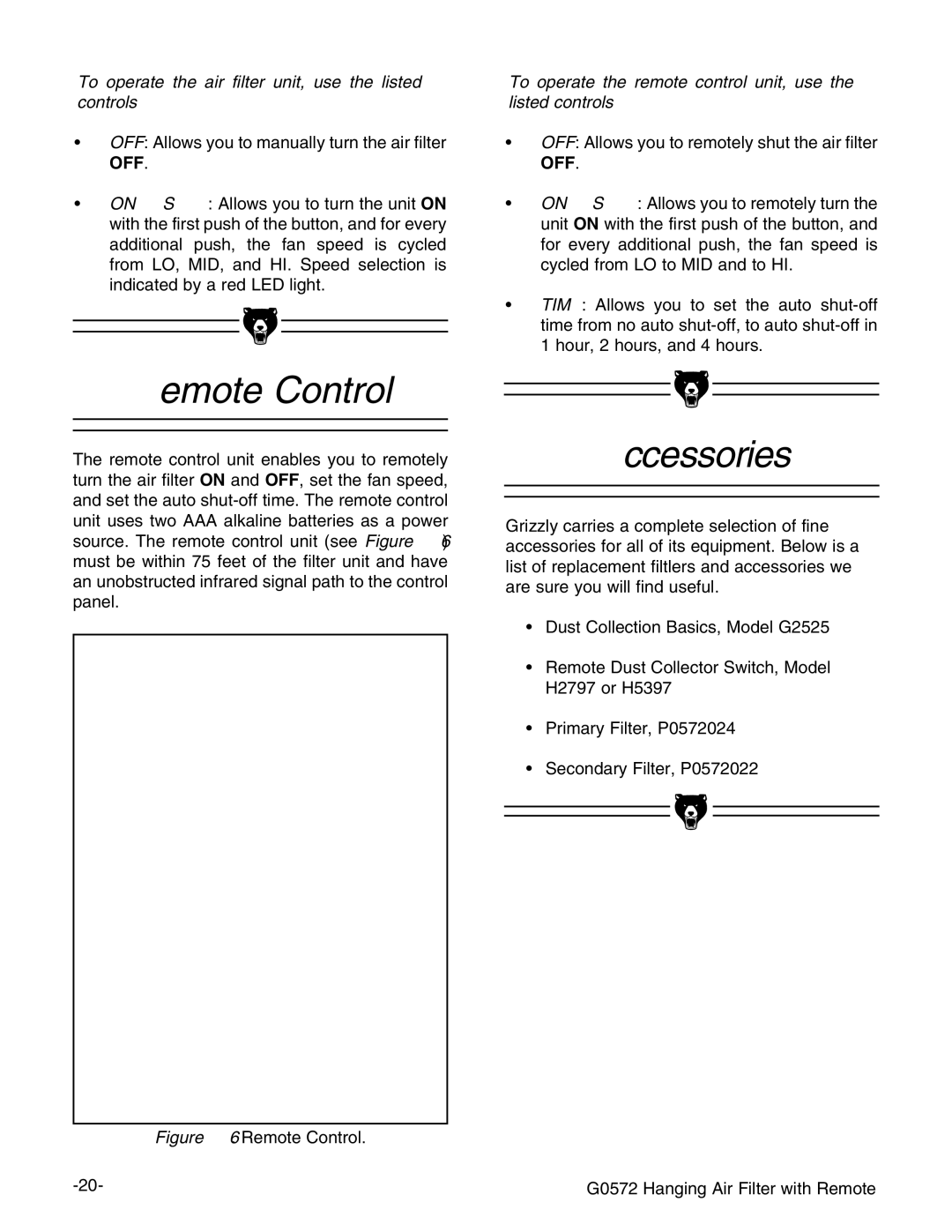 Grizzly G0572 instruction manual Remote Control, Accessories, To operate the air filter unit, use the listed controls 