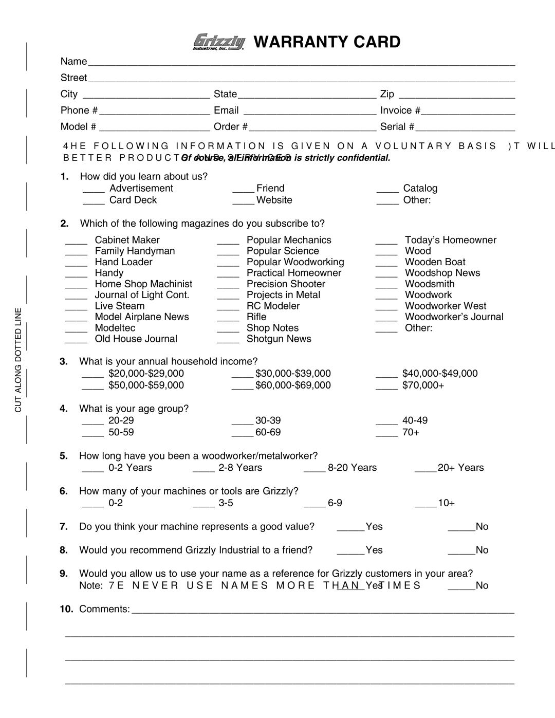 Grizzly G0572 instruction manual Warranty Card, Comments 