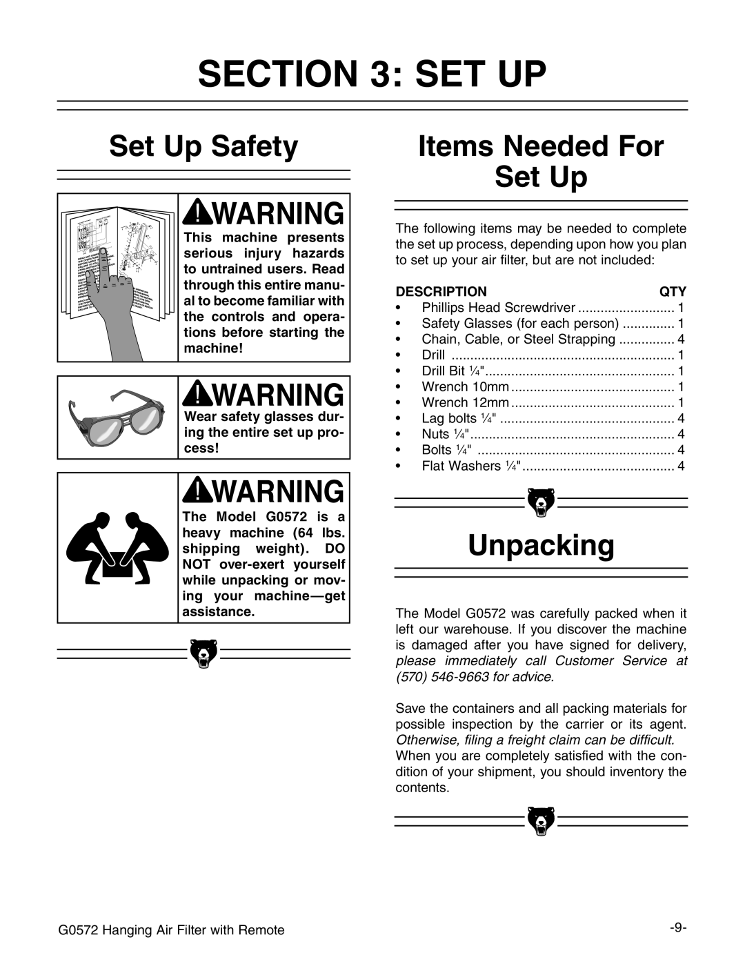 Grizzly G0572 instruction manual Set Up Safety, Items Needed For Set Up, Unpacking 