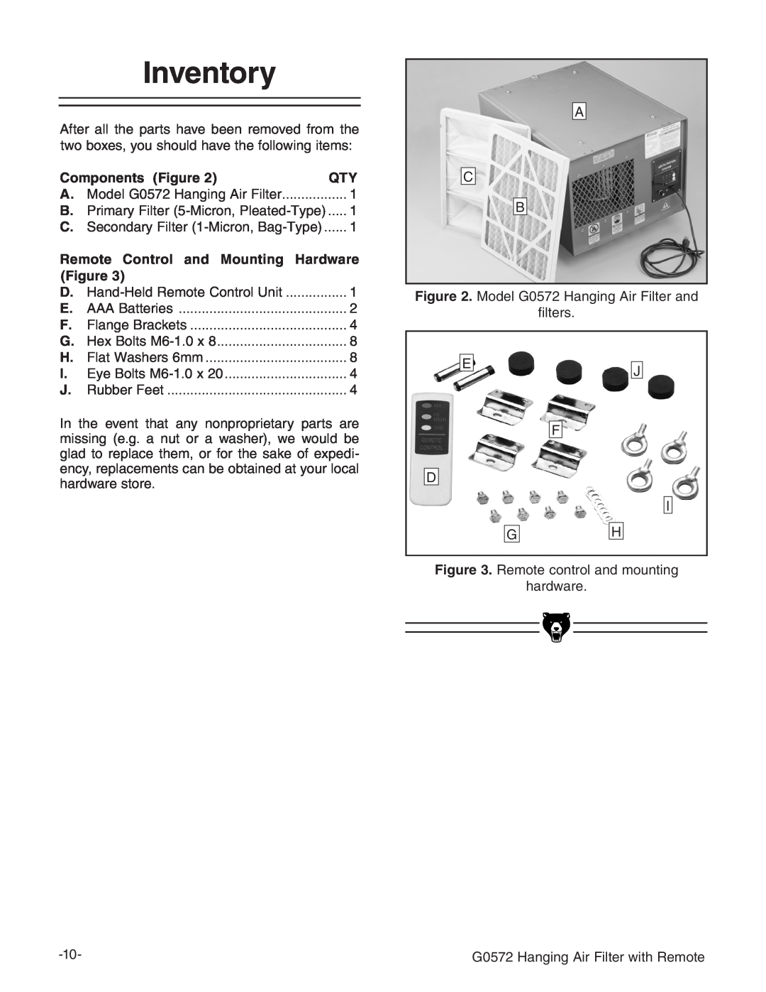Grizzly G0572 instruction manual Inventory 