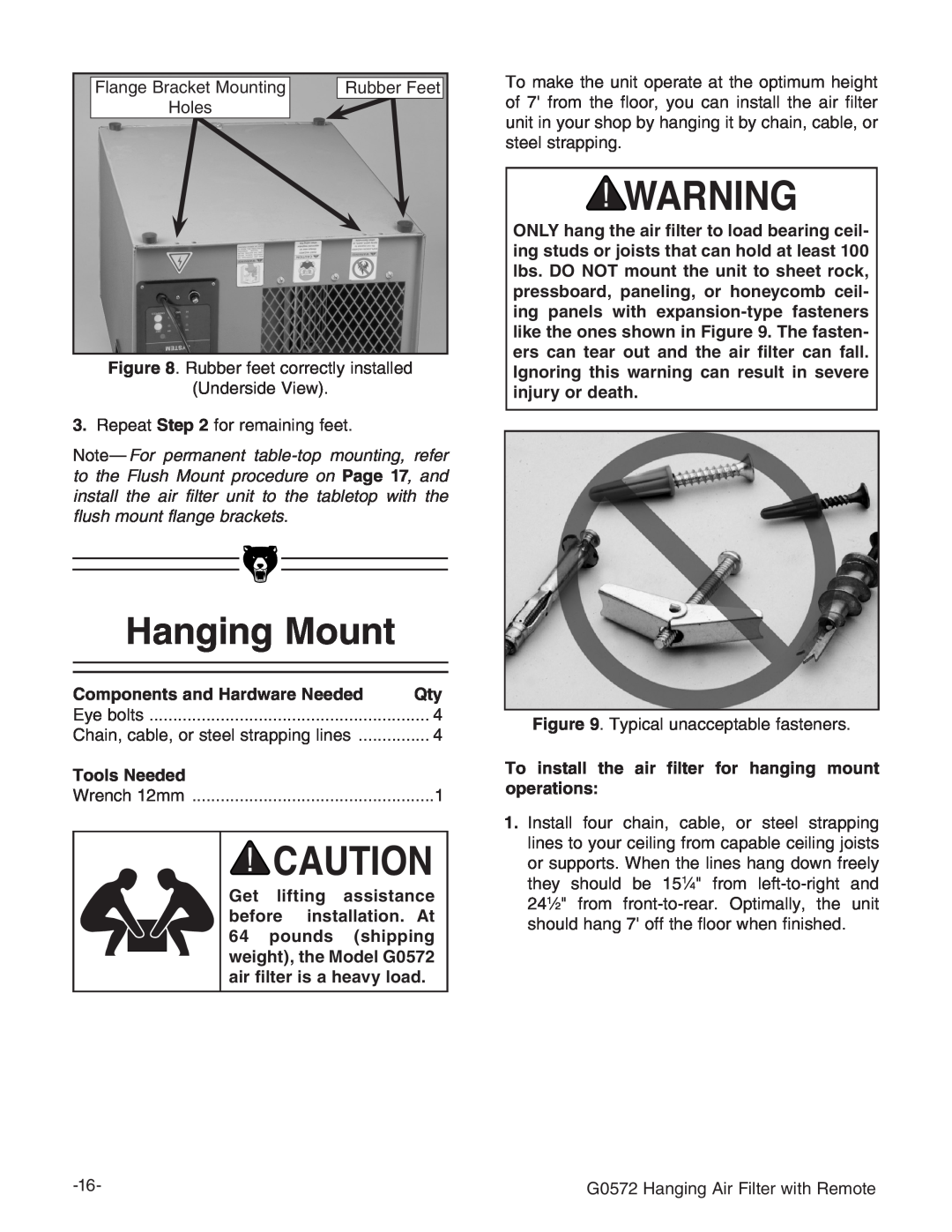 Grizzly G0572 instruction manual Hanging Mount 