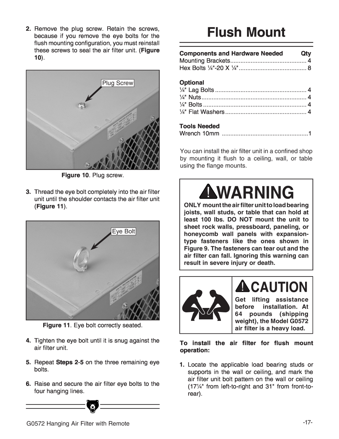 Grizzly G0572 instruction manual Flush Mount 