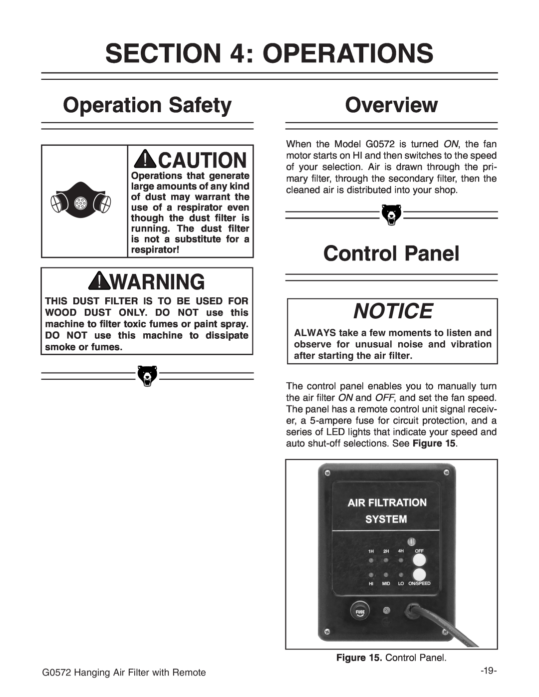 Grizzly G0572 instruction manual Operations, Operation Safety, Overview, Control Panel, Notice 