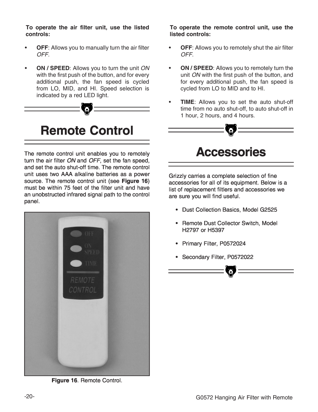 Grizzly G0572 instruction manual Remote Control, Accessories 