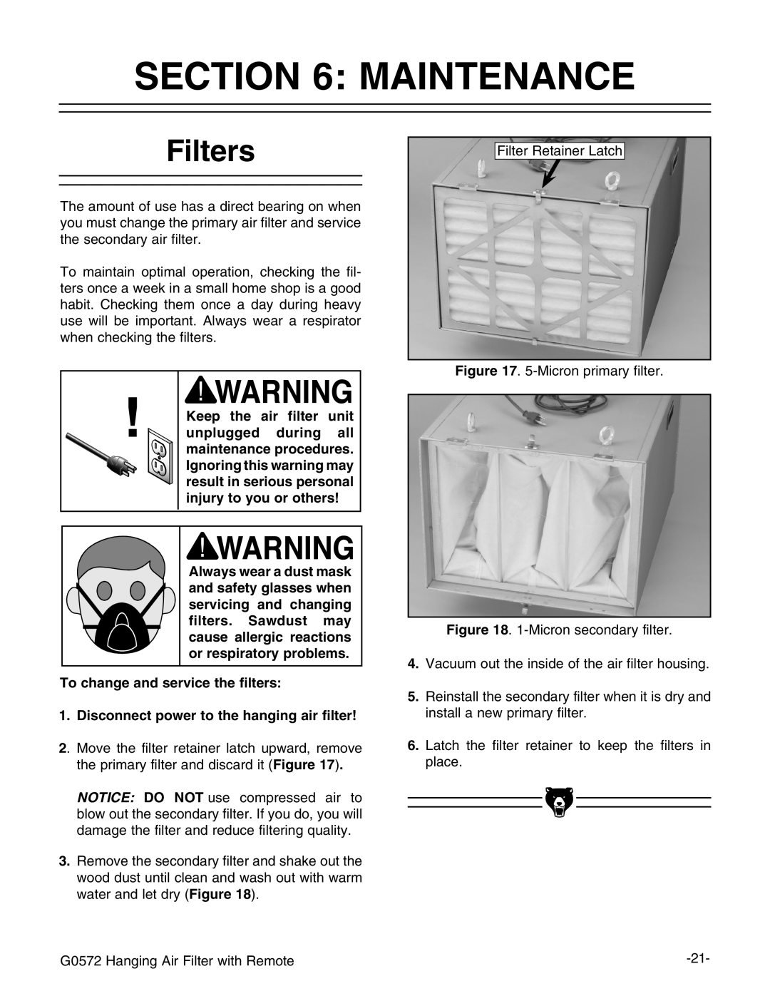 Grizzly G0572 instruction manual Maintenance, Filters, NOTICE: DO NOT use 