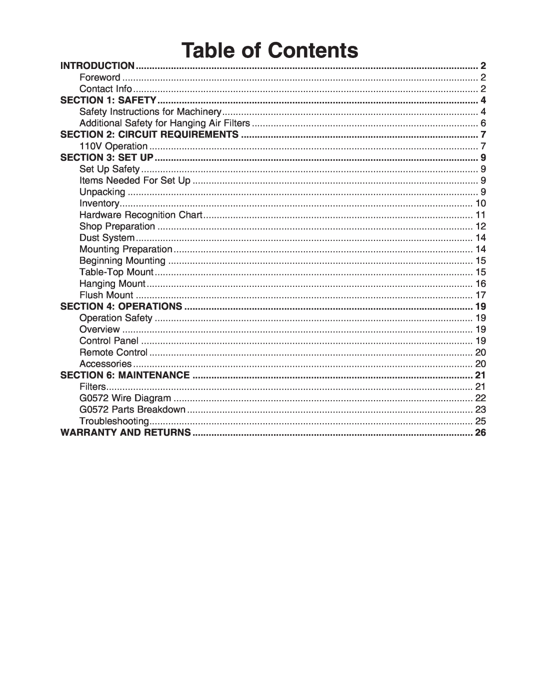Grizzly G0572 instruction manual Table of Contents 