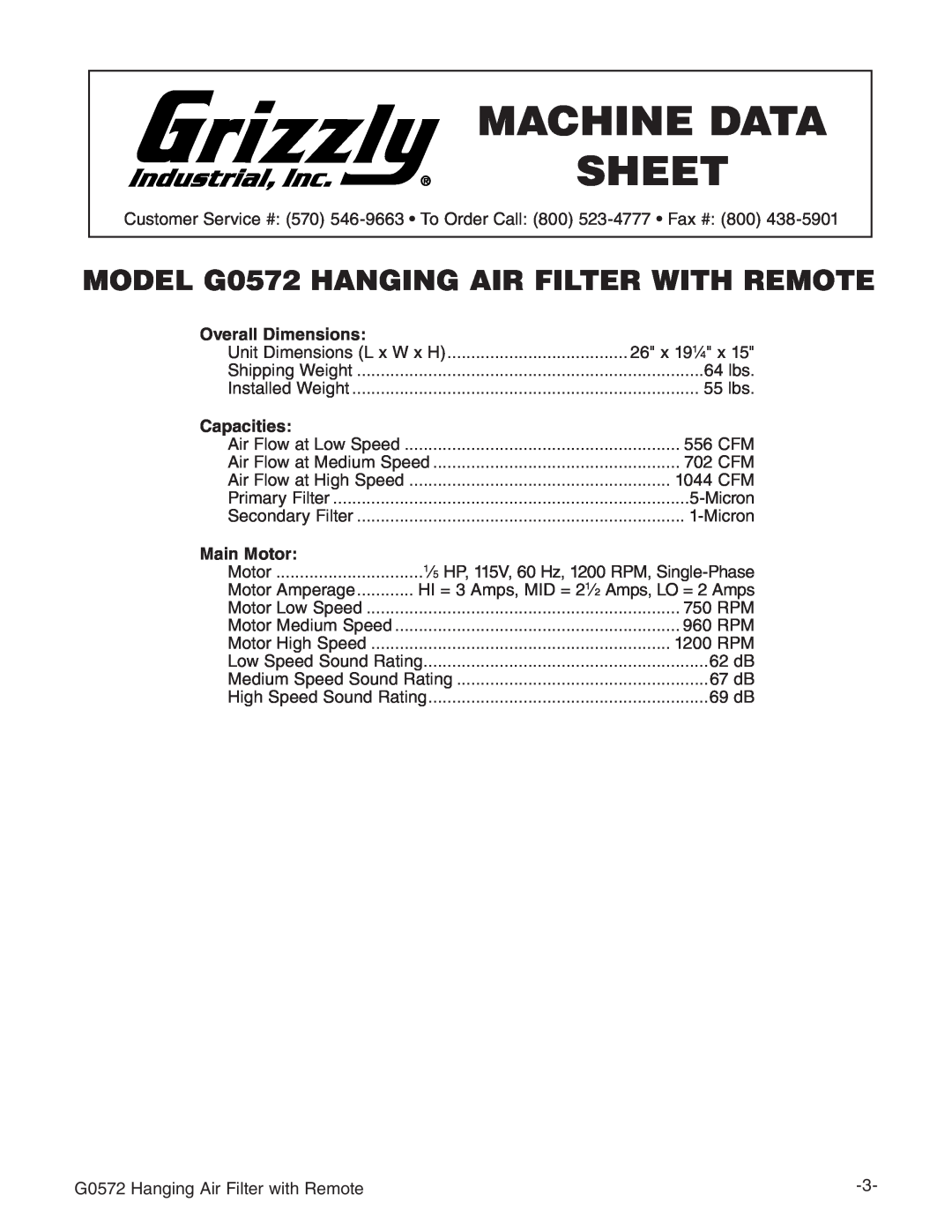 Grizzly instruction manual MODEL G0572 HANGING AIR FILTER WITH REMOTE, Machine Data Sheet 