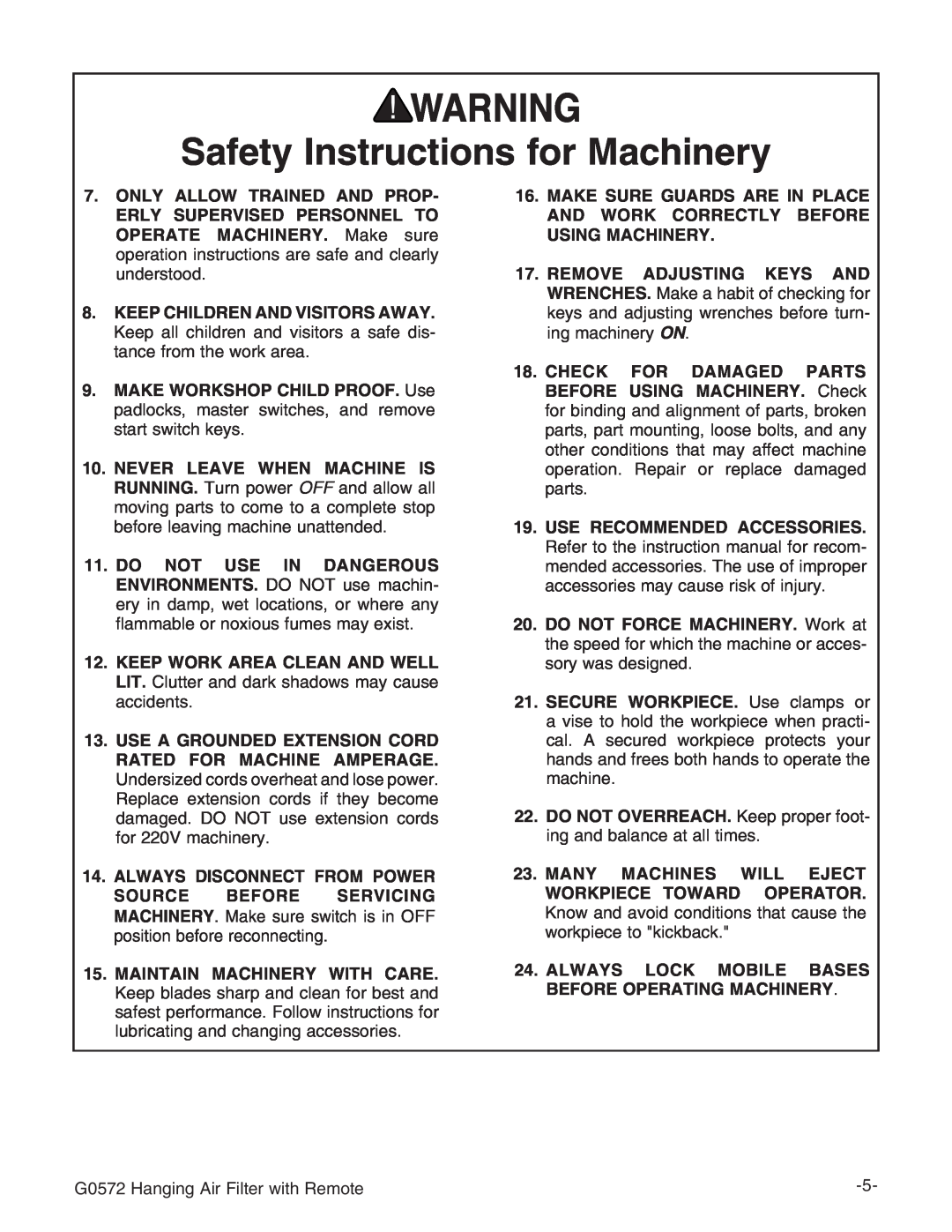 Grizzly instruction manual Safety Instructions for Machinery, G0572 Hanging Air Filter with Remote 