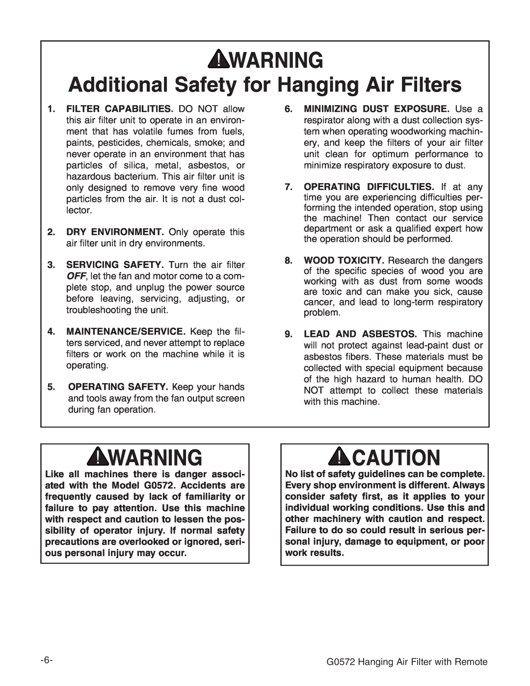Grizzly G0572 instruction manual Additional Safety for Hanging Air Filters 