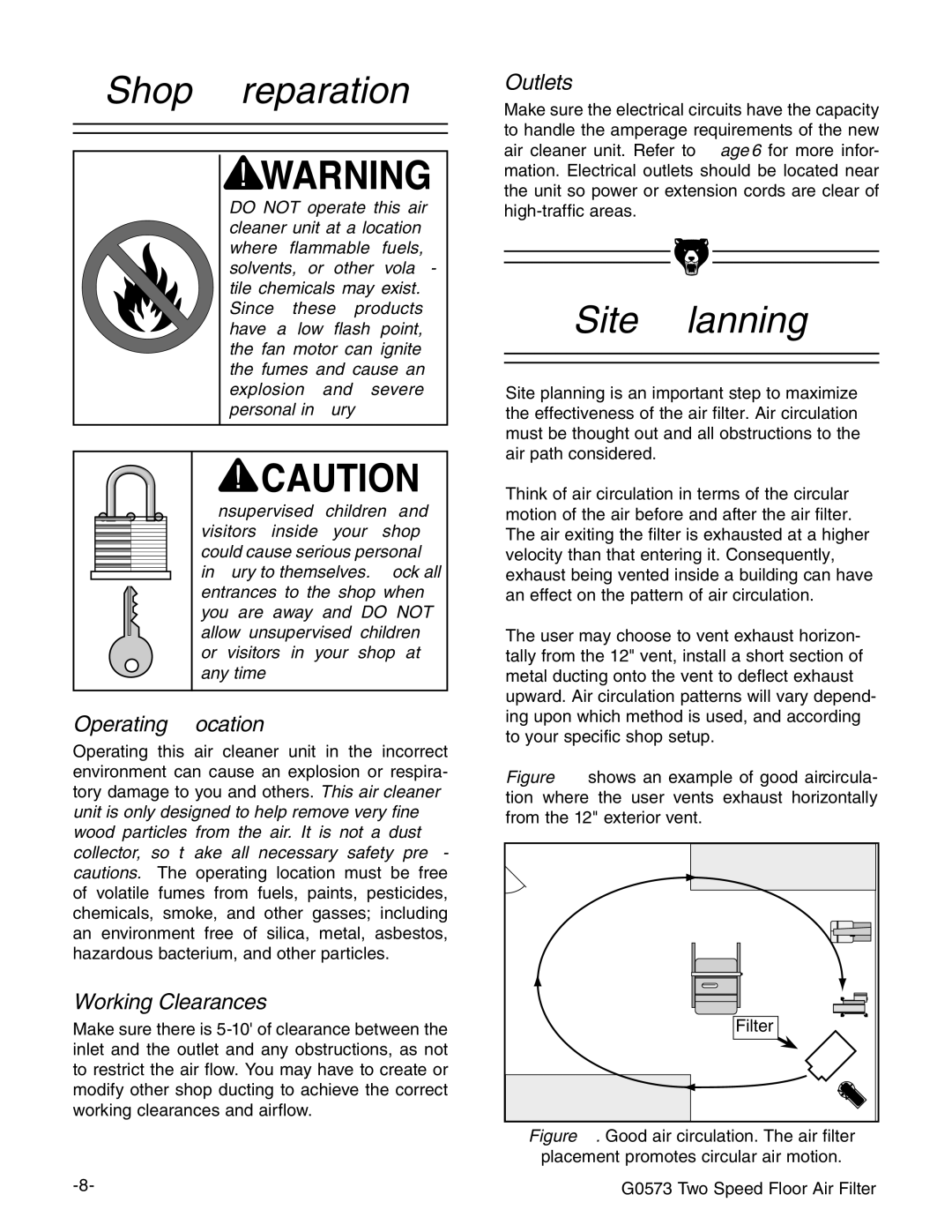 Grizzly G0573 instruction manual Shop Preparation, Site Planning 