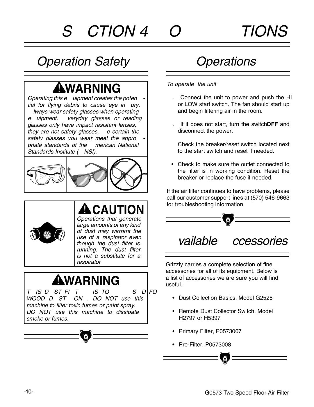 Grizzly G0573 instruction manual Operations, Operation Safety, Available Accessories, To operate the unit 