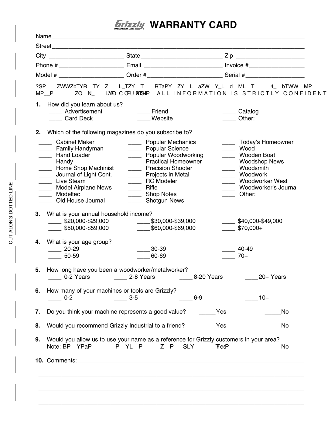 Grizzly G0573 instruction manual Warranty Card, Comments 